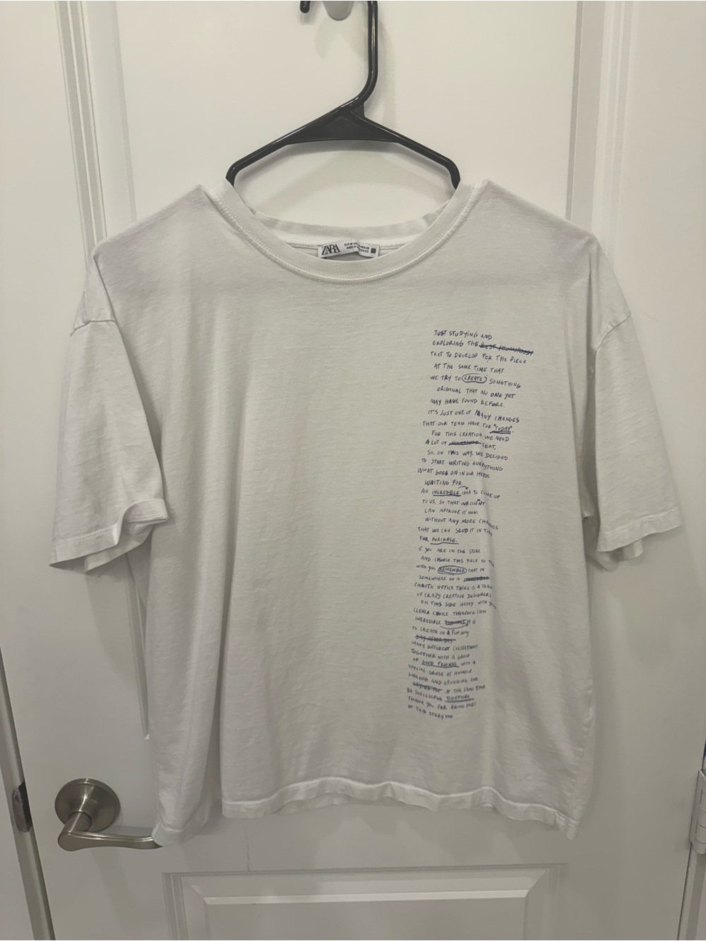 Zara White Short-Sleeve Tee with Navy Script Graphic